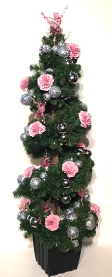 Artificial 5ft spiral Christmas tree, fully decorated, pink color theme, silver accents,  LED battery lights